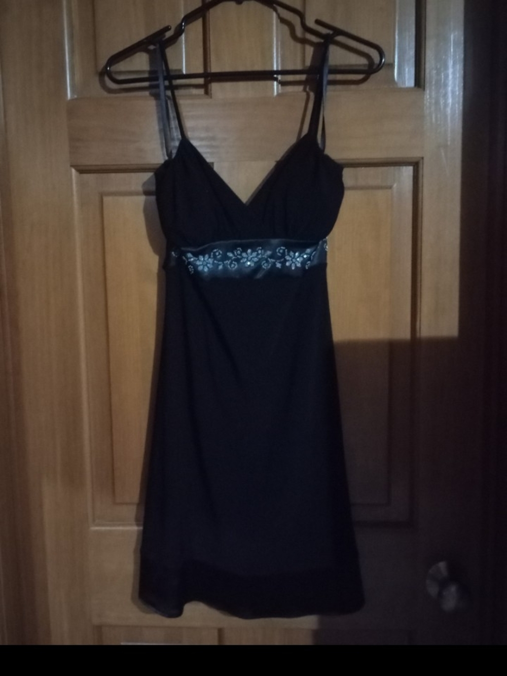 Taboo Black Mini Dress with Embroidered Satin Waist